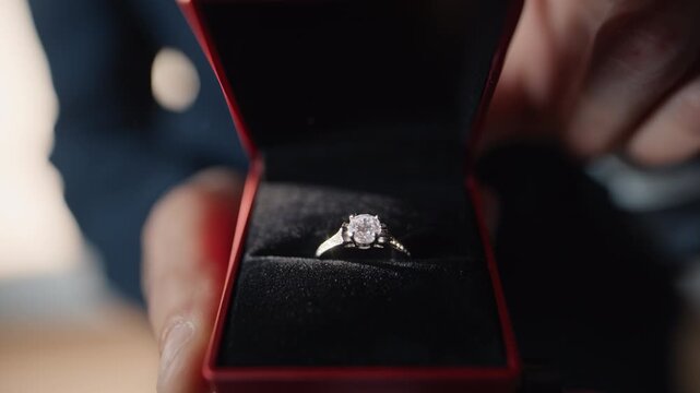 Fingers lifting ring box with shiny band inside soft scene. Romantic moment