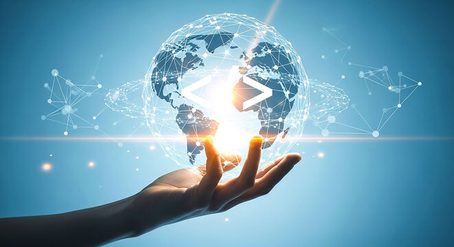 Hand holding a globe with code symbols and network connections on a light blue background design