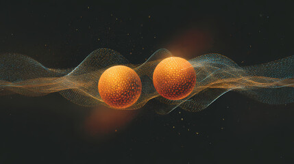 Two separated qubit spheres swirling entanglement bridging them a faint wave bridging the gap capturing quantum teleportation cosmic minimal background. symbolic gap. Illustration