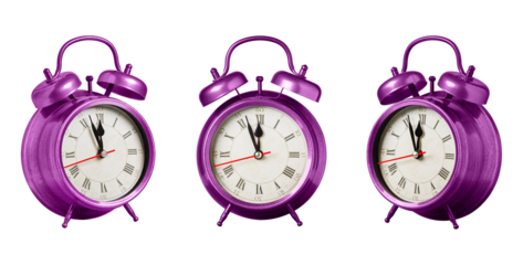 set collection retro clock, watch, pointer clock, Pink color alarm clock on isolated white background close up