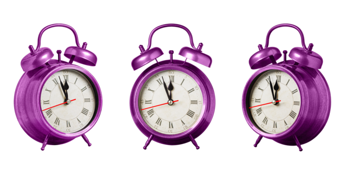 set collection retro clock, watch, pointer clock, Pink color alarm clock on isolated white background close up
