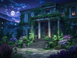 Abandoned mansion illuminated by moonlight, overgrown with greenery.