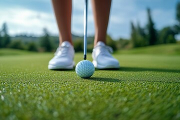 Golf Ball on Green With Player Preparing for Putt at Sunny Course.