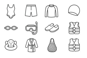 Monochrome swimming gear icons: wetsuit, goggles, flippers, vest, cap