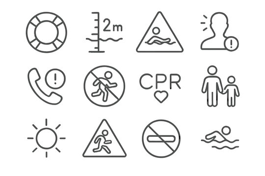 Pool safety icons: drowning prevention, parental guidance, cpr, and warning signs