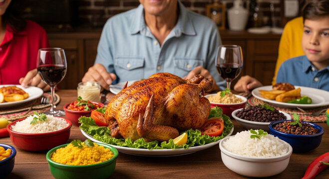 Roast chicken on the table with family around - Powered by Adobe