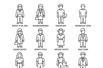 Diverse fashion styles: street, business, skater, minimal, luxury, sporty, vintage, edgy