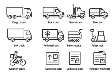 Transportation icons for cargo and logistics with various vehicles illustrated
