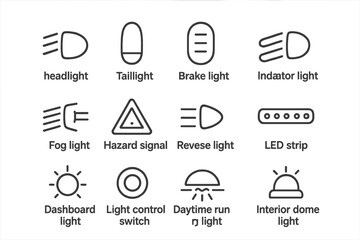 Car light symbols and features chart with labels for identification