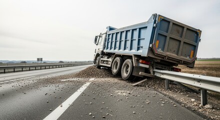 Damaged blue truck after accident on highway. Truck crash on road with spilled gravel. Vehicle accident and safety concept for news.
