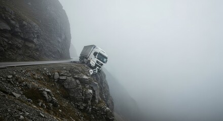 White truck hanging dangerously over a cliff edge on a foggy mountain road, illustrating a major road accident and driver risk.