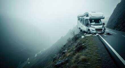 Motorhome accident on a treacherous mountain road in foggy weather, campervan crashed into barrier, dangerous driving condition.