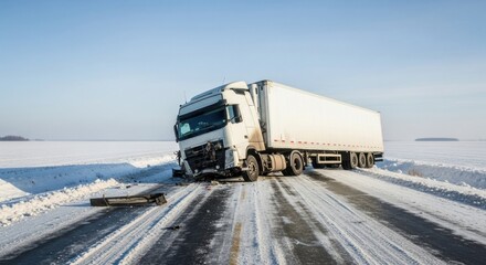Crashed truck semitrailer on a snow-covered road in a winter landscape with clear blue sky, showing aftermath of impact for accident concept.