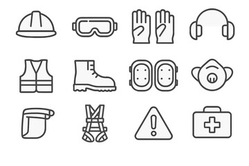 Safety equipment icons: helmet, goggles, gloves, boots for workplace protection