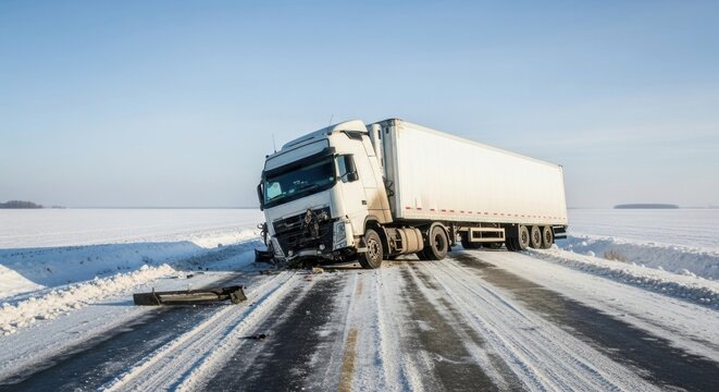 Crashed truck semitrailer on a snow-covered road in a winter landscape with clear blue sky, showing aftermath of impact for accident concept.