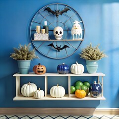 Halloween and Christmas holiday season decoration with a golden birdcage and pumpkins