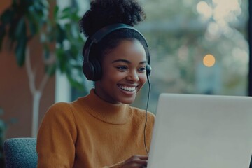 happy call center agent wearing headset talking to client working in customer support office. professional contract service telemarketing operator using laptop having conversation. candid shot

