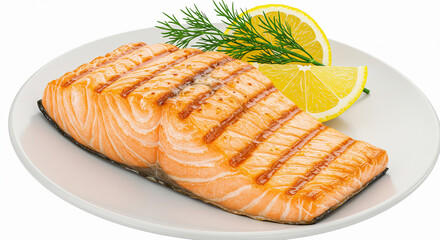 A detailed close-up of a freshly grilled salmon fillet with crispy skin, served with a lemon wedge and dill sprig on a white ceramic plate. The fish is cooked to perfection.