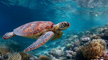 Obraz premium A sea turtle gracefully swimming in the ocean with coral reefs in the background