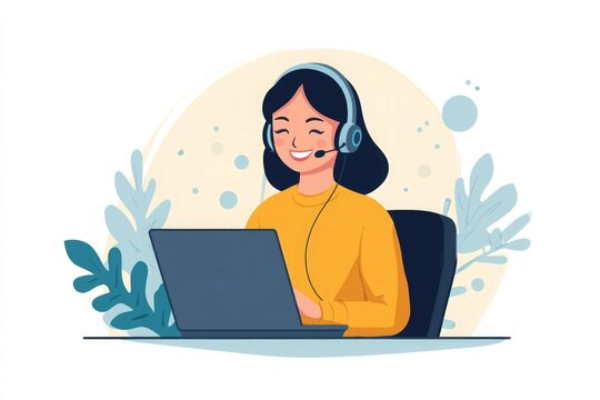 happy call center agent wearing headset talking to client working in customer support office. professional contract service telemarketing operator using laptop having conversation. candid shot

