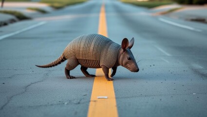Obraz premium Armadillo Crossing Yellow-Lined Road in Daylight
