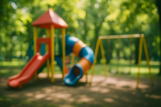 out of focus image of bright playground structure with slide tunnel and swing set in leafy park under sunlight concept of child play outdoor fun and recreational environment