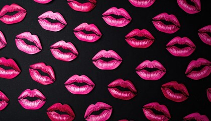 Abstract pattern of pink lips on black background