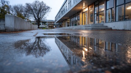 Rainy campus reflection