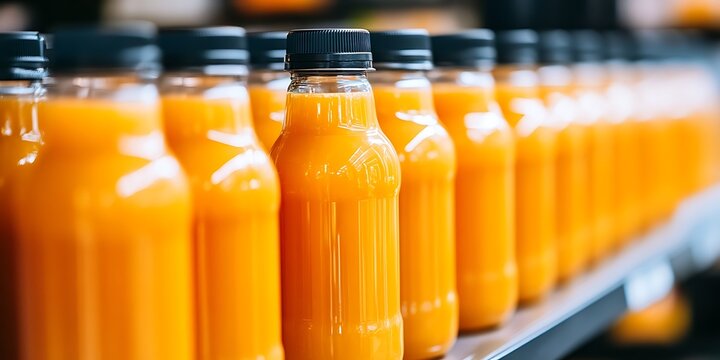 Conveyor with bottles of orange juice on a production line. Concept: production, industry, packaging, drinks, freshness