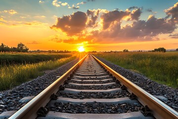 Obraz premium Railway tracks stretching into the distance, bright sunlight, golden hour glow, clear blue sky, lens flare, sharp focus on rails, vanishing point perspective