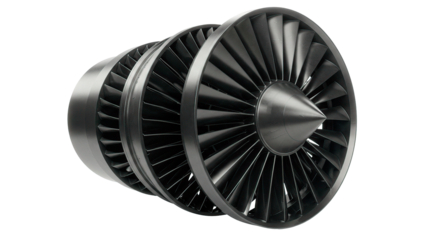 Close up of a jet engine with visible turbine blades and a central cone on a black background