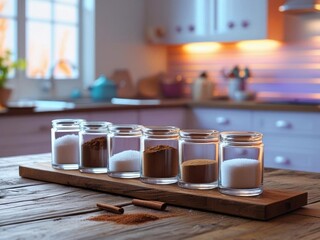 Assorted Sugars and Spices on a Colorful Wooden Background