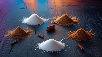 Assorted Sugars and Spices on a Colorful Wooden Background