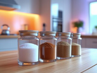 Assorted Sugars and Spices on a Colorful Wooden Background