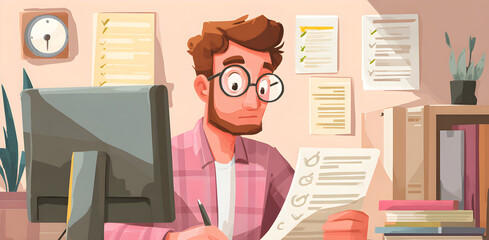 Young man with glasses works from home, reviewing paperwork at his computer in a cozy, stylized office setting.