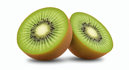 Fototapeta premium High-resolution photo of a kiwi fruit cut in half, revealing the vibrant green interior, floating diagonally on a clean white background