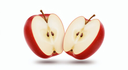 Realistic image of a red apple cut vertically in two, both pieces levitating and angled outward, isolated on a bright white background with subtle shadow