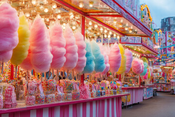 Colorful cotton candy and candy stalls create a vibrant atmosphere at a carnival in the evening