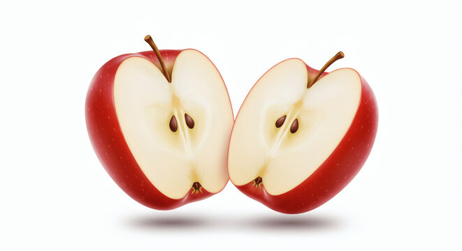 Realistic image of a red apple cut vertically in two, both pieces levitating and angled outward, isolated on a bright white background with subtle shadow