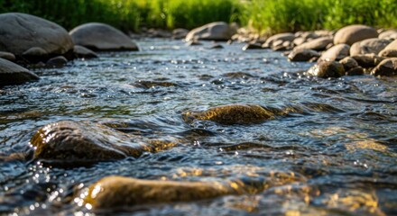 Close-up of bubbling clear river water flowing around pebbles on a sunny day.