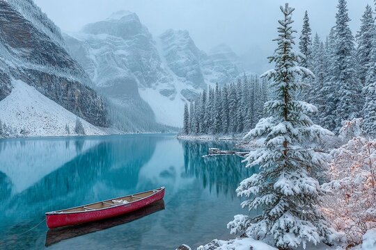 Snow covers trees and mountains surrounding a lake with a red canoe in winter