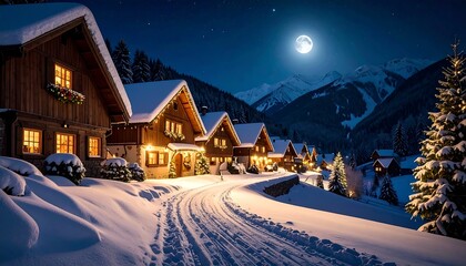 Fototapeta premium Snowy mountain village at night