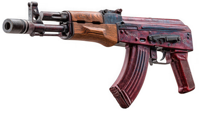 A detailed view of an ak47 assault rifle with a wooden stock and red finish isolated on transparent background
