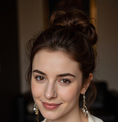 Close-up of a smiling woman with elegant earrings and a neat updo, looking slightly aside, captured in warm indoor light with soft facial highlights