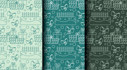 Set of seamless celebration patterns in outline style with green monochrome palette. Ideal for wrapping, invites, and party-themed design assets