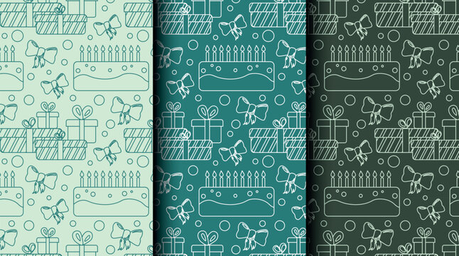 Set of seamless celebration patterns in outline style with green monochrome palette. Ideal for wrapping, invites, and party-themed design assets