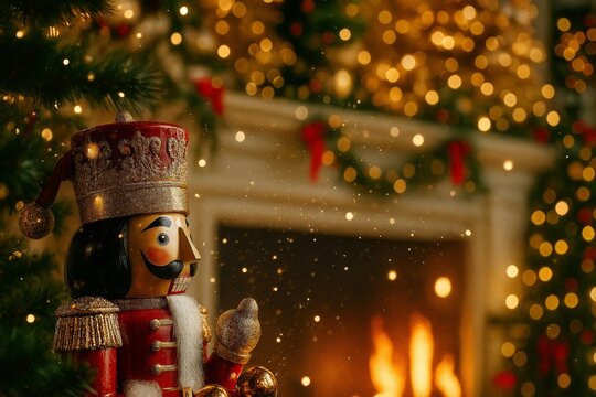 Wooden nutcracker soldier guarding festive fireplace scene, decorated christmas tree with twinkling lights, soft snowfall adding warm holiday charm - Powered by Adobe