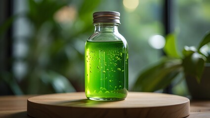 Green liquid in glass bottle on wooden stand natural medicine herbal remedy product