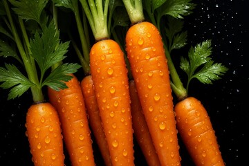 Vibrant orange carrots with dewy green tops gleaming against deep shadows, showcasing garden fresh produce and crisp vegetable texture