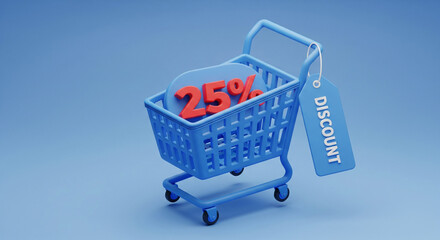 Fototapeta premium Blue shopping cart with wheels displaying a prominent red 25 percent sign and a hanging tag labeled discount against a light blue background.